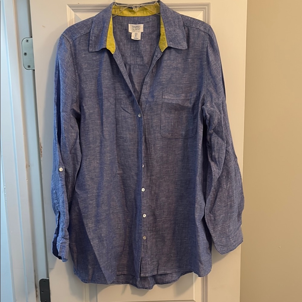 Sigrid Olsen Blue and Yellow Casual Button-Down Shirt